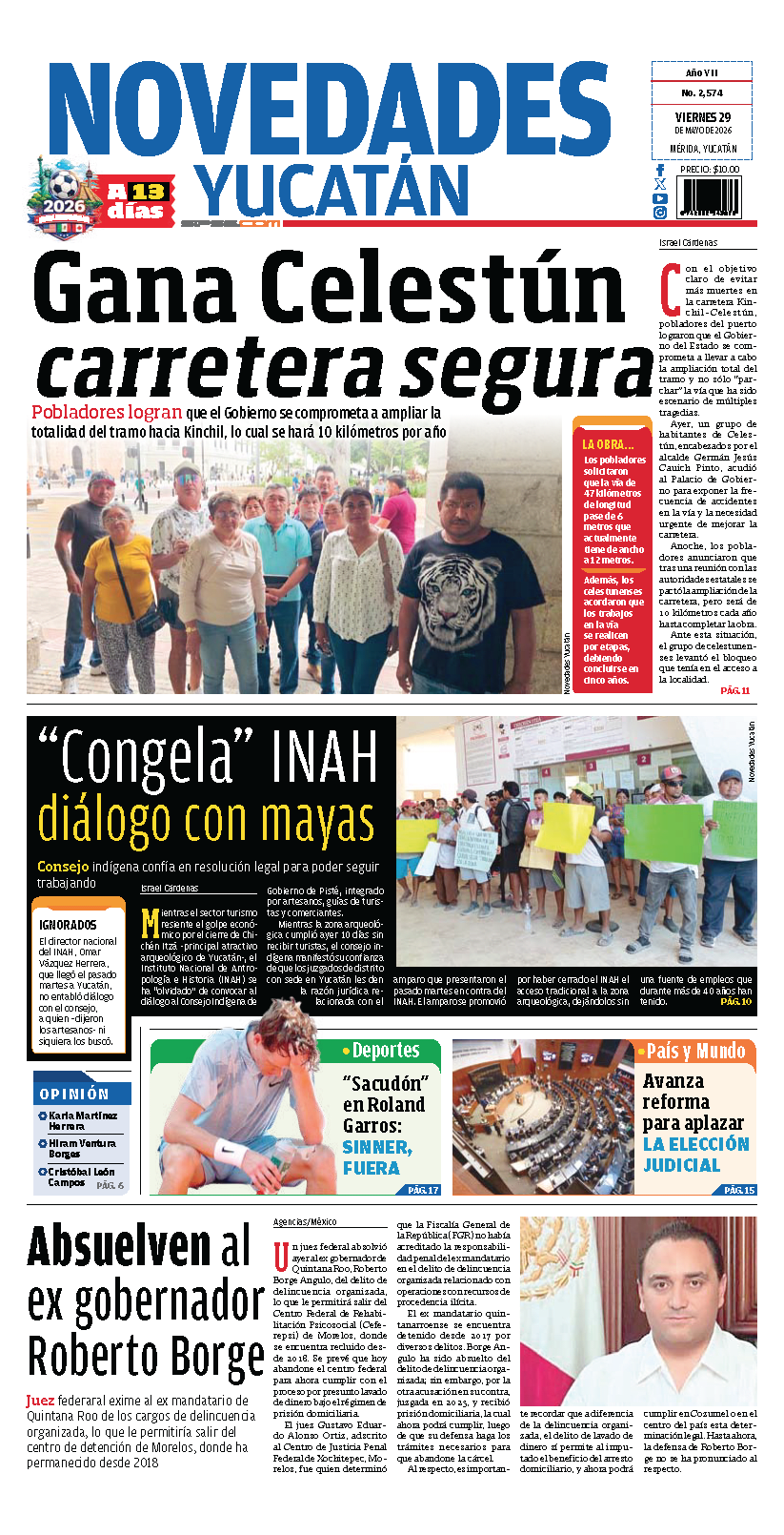 Portada de Novedades Yucatan del viernes, 29 de mayo de 2026