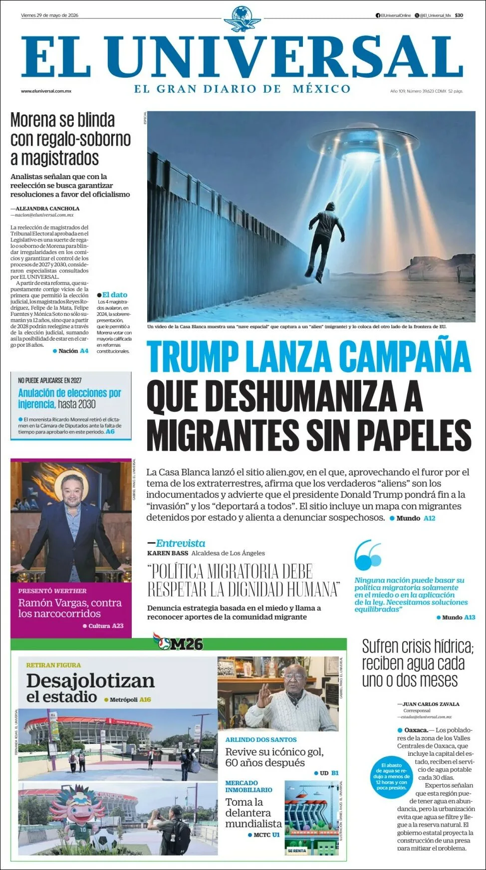 Portada de El Universal del viernes, 29 de mayo de 2026