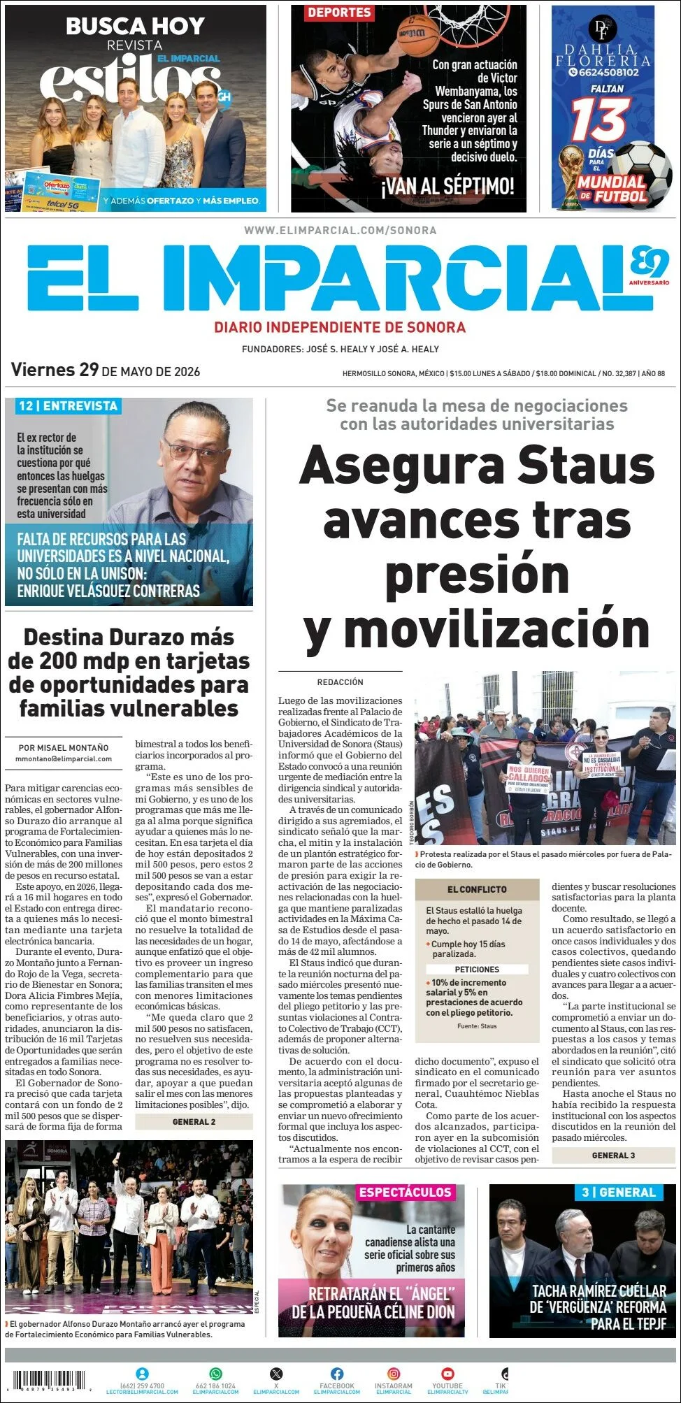 Portada de El Imparcial del viernes, 29 de mayo de 2026