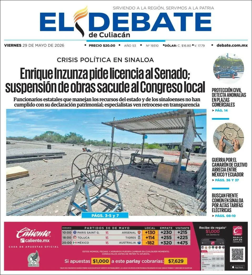 Portada de El Debate de Culiacan del viernes, 29 de mayo de 2026