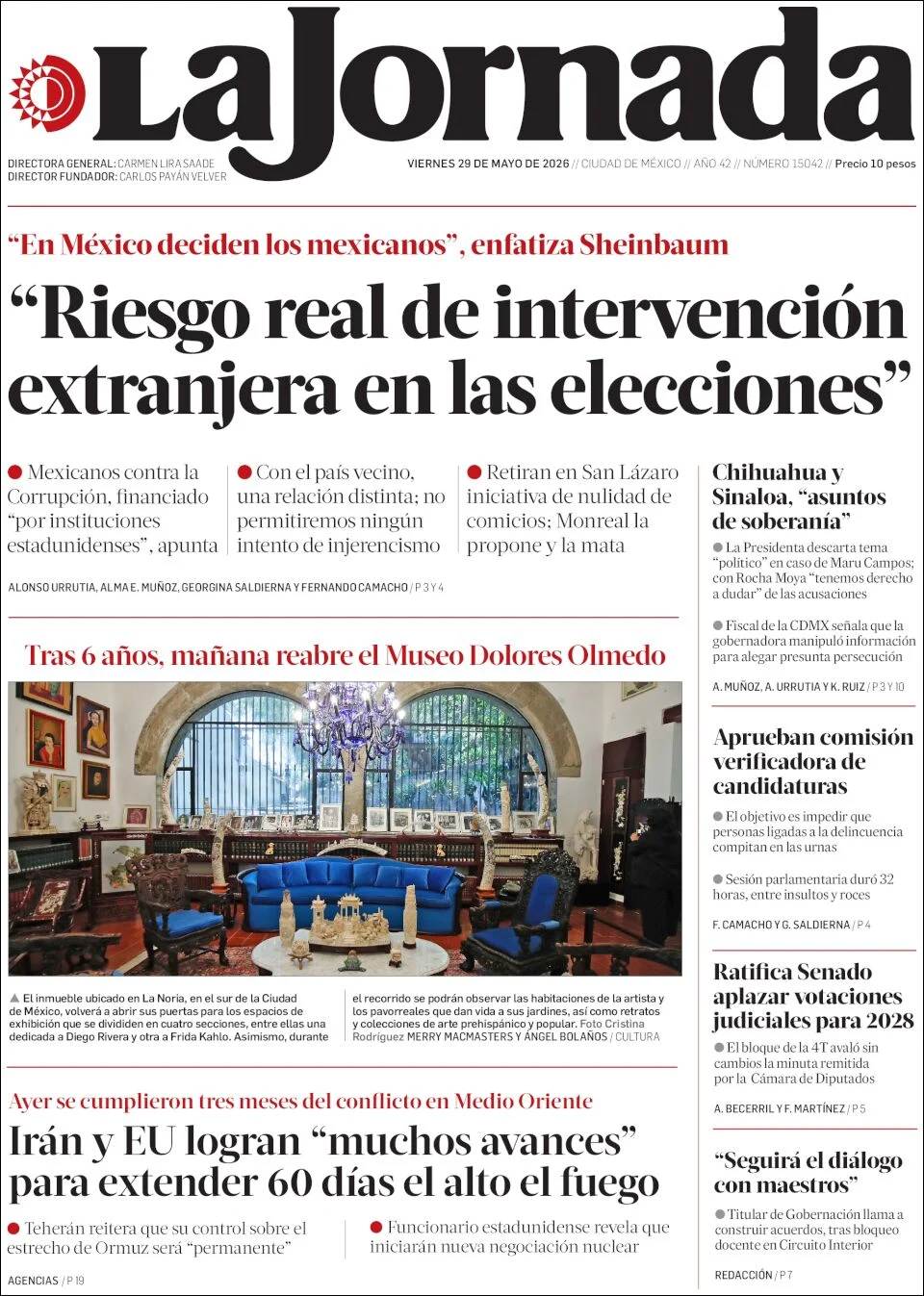 Portada de La Jornada del viernes, 29 de mayo de 2026