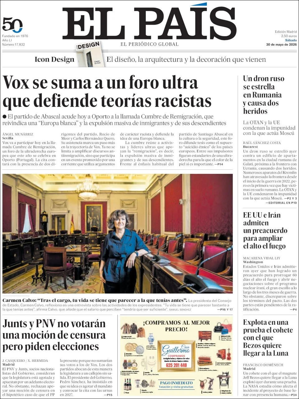 Portada de El Pais del sábado, 30 de mayo de 2026