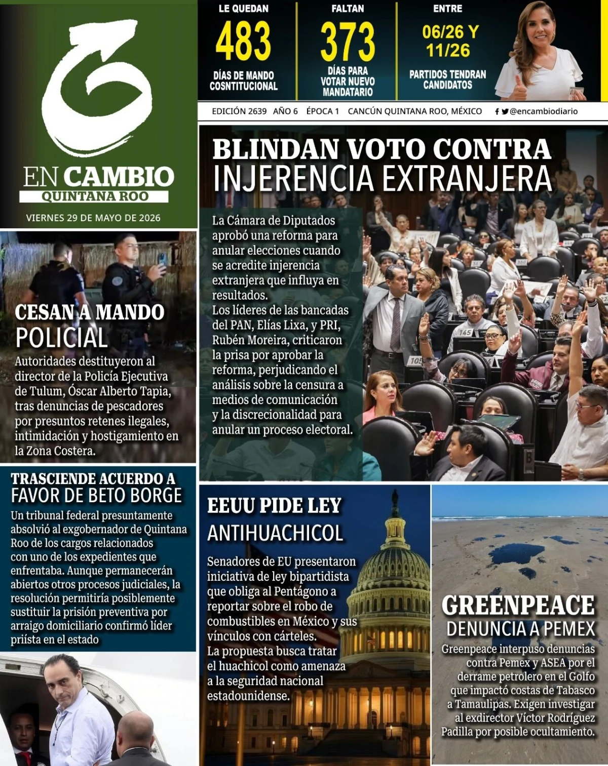 Portada de En Cambio - Quintana Roo (portada) del viernes, 29 de mayo de 2026