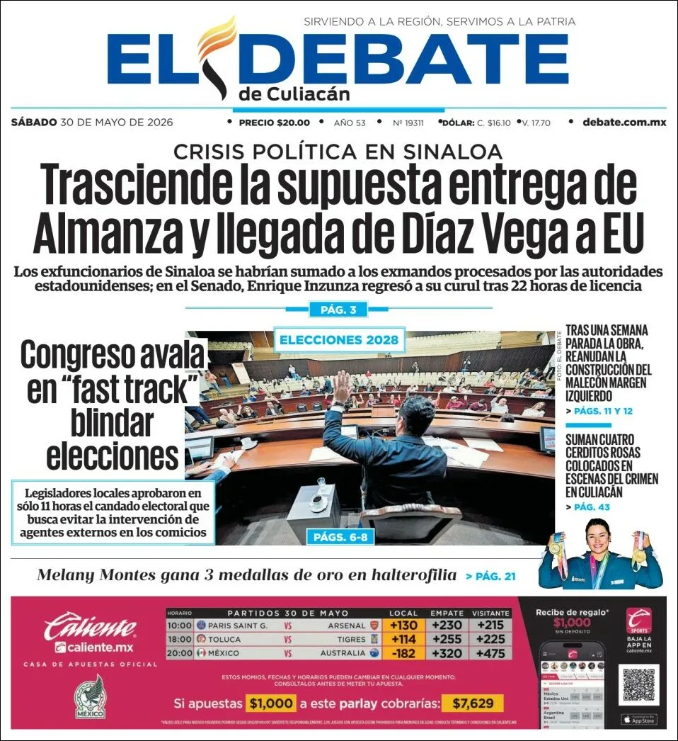 Portada de El Debate de Culiacan del sábado, 30 de mayo de 2026