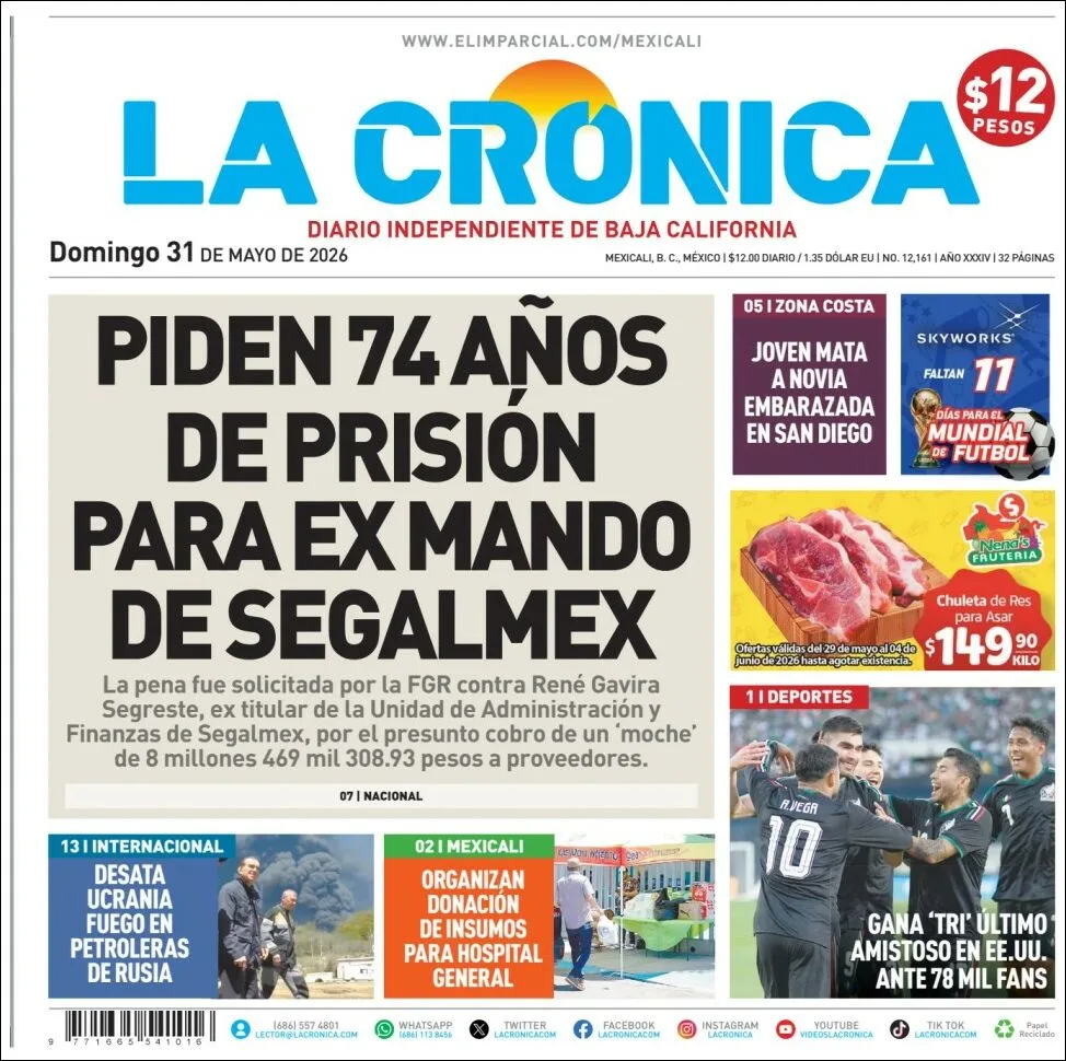 Portada de La Cronica del domingo, 31 de mayo de 2026