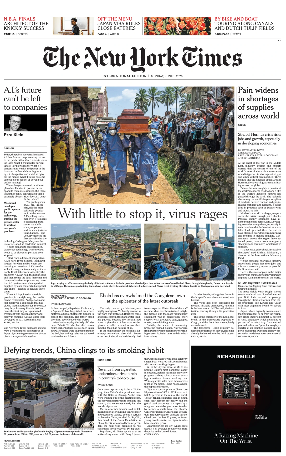 Portada de The New York Times (international) del lunes, 1 de junio de 2026