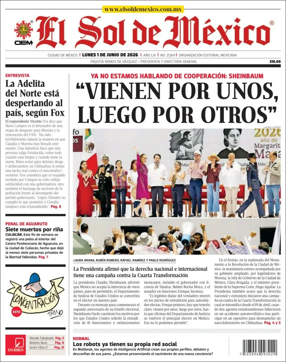 Portada de El Sol de Mexico del lunes, 1 de junio de 2026