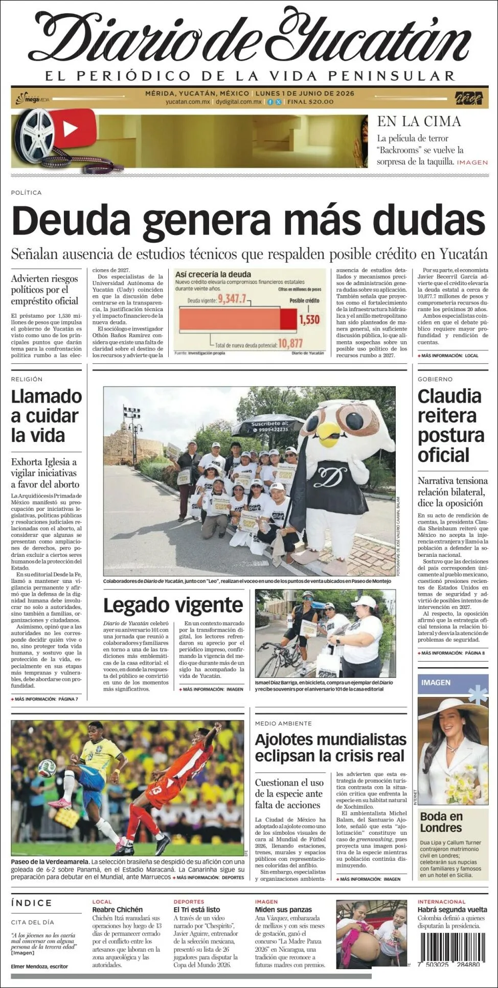 Portada de Diario de Yucatán del lunes, 1 de junio de 2026