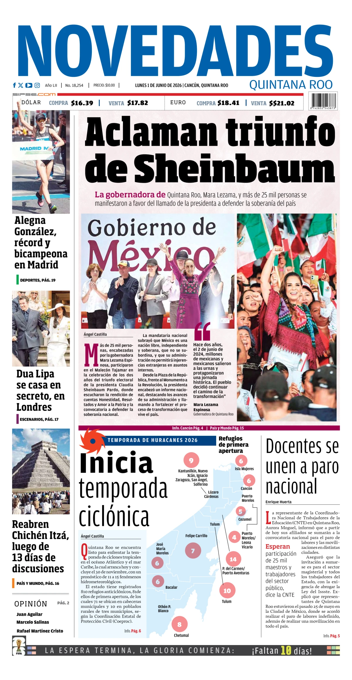 Portada de Novedades Quintana Roo del lunes, 1 de junio de 2026