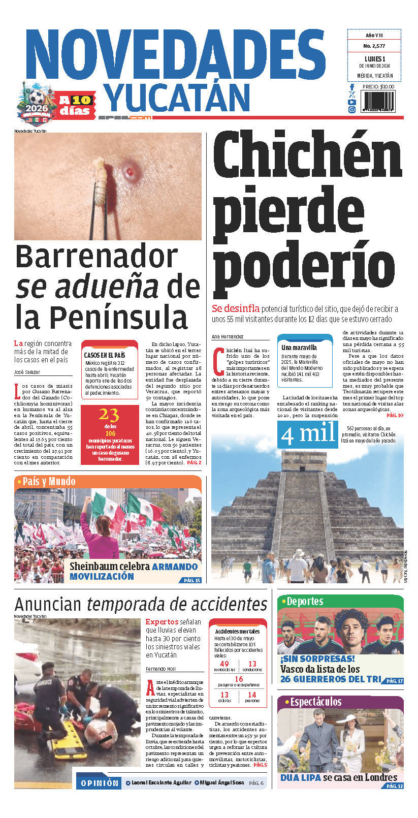 Portada de Novedades Yucatan del lunes, 1 de junio de 2026