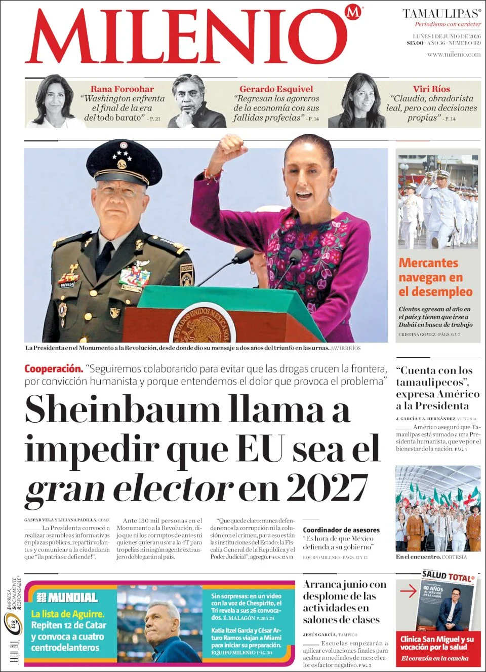 Portada de Milenio Tamaulipas del lunes, 1 de junio de 2026