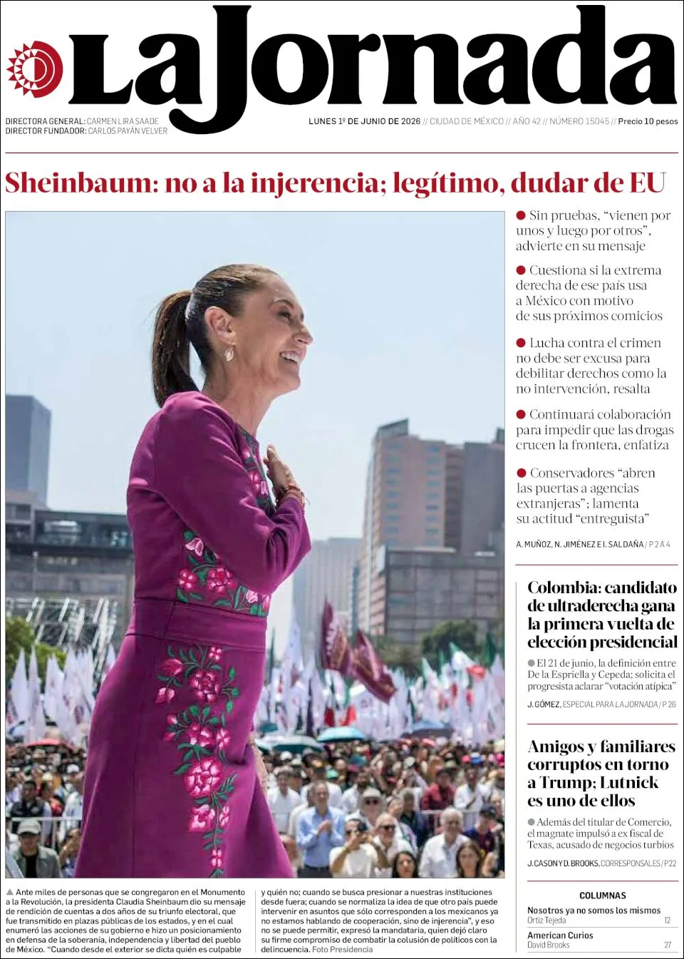 Portada de La Jornada del lunes, 1 de junio de 2026