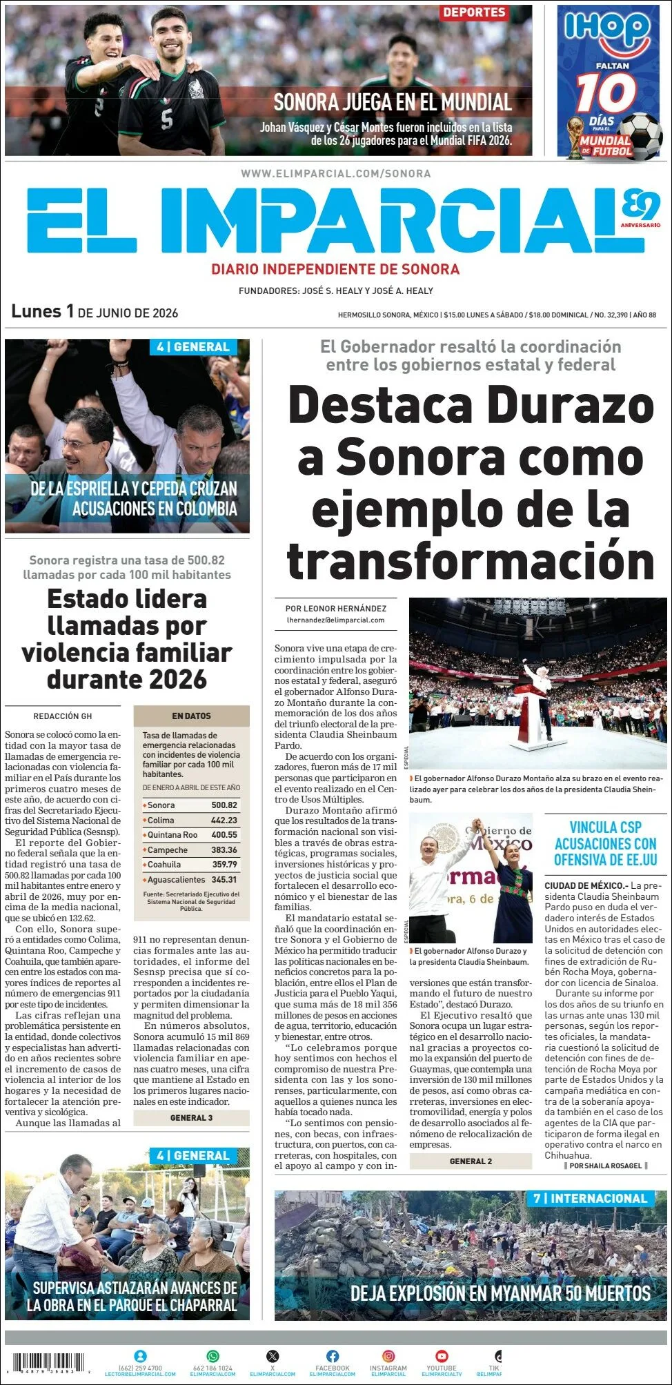Portada de El Imparcial del lunes, 1 de junio de 2026