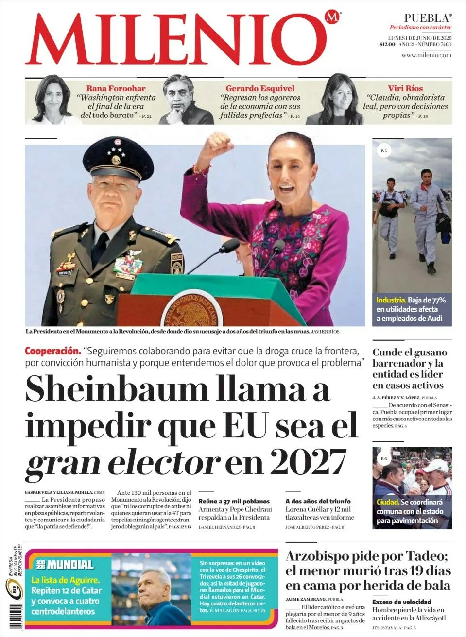 Portada de Milenio Puebla del lunes, 1 de junio de 2026