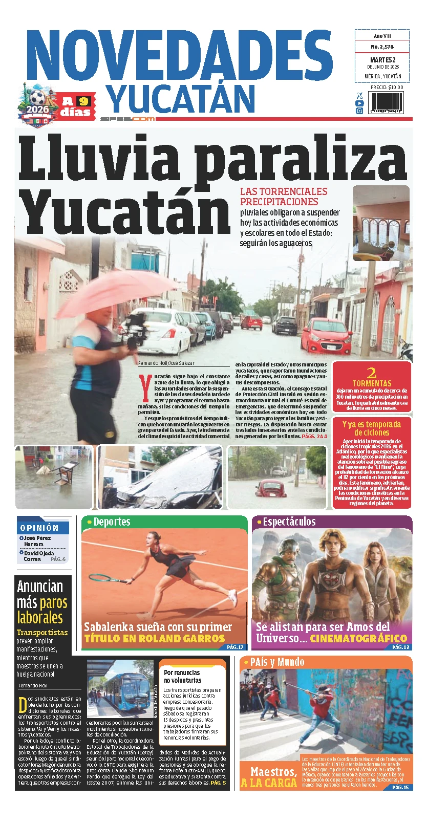 Portada de Novedades Yucatan del martes, 2 de junio de 2026
