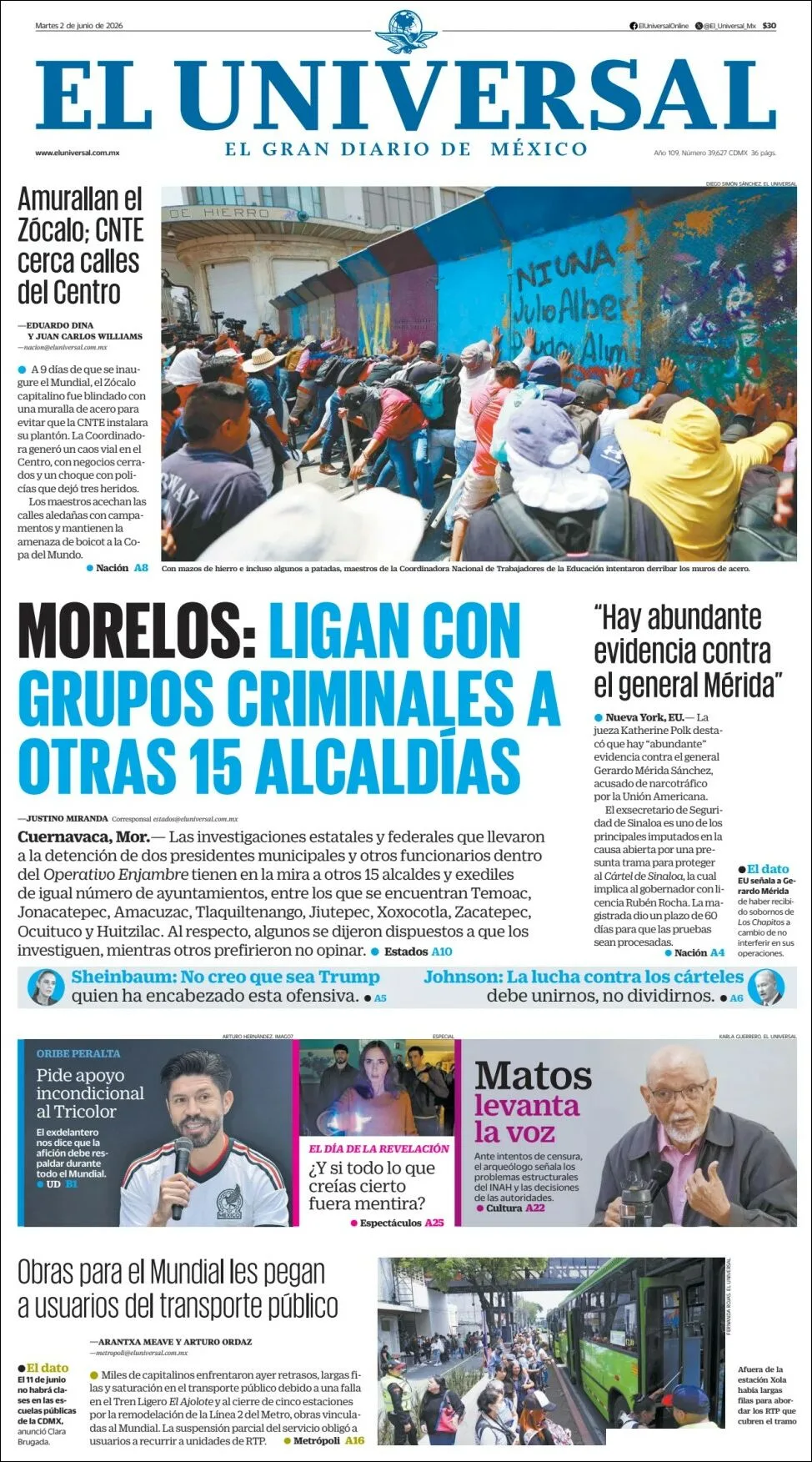 Portada de El Universal del martes, 2 de junio de 2026