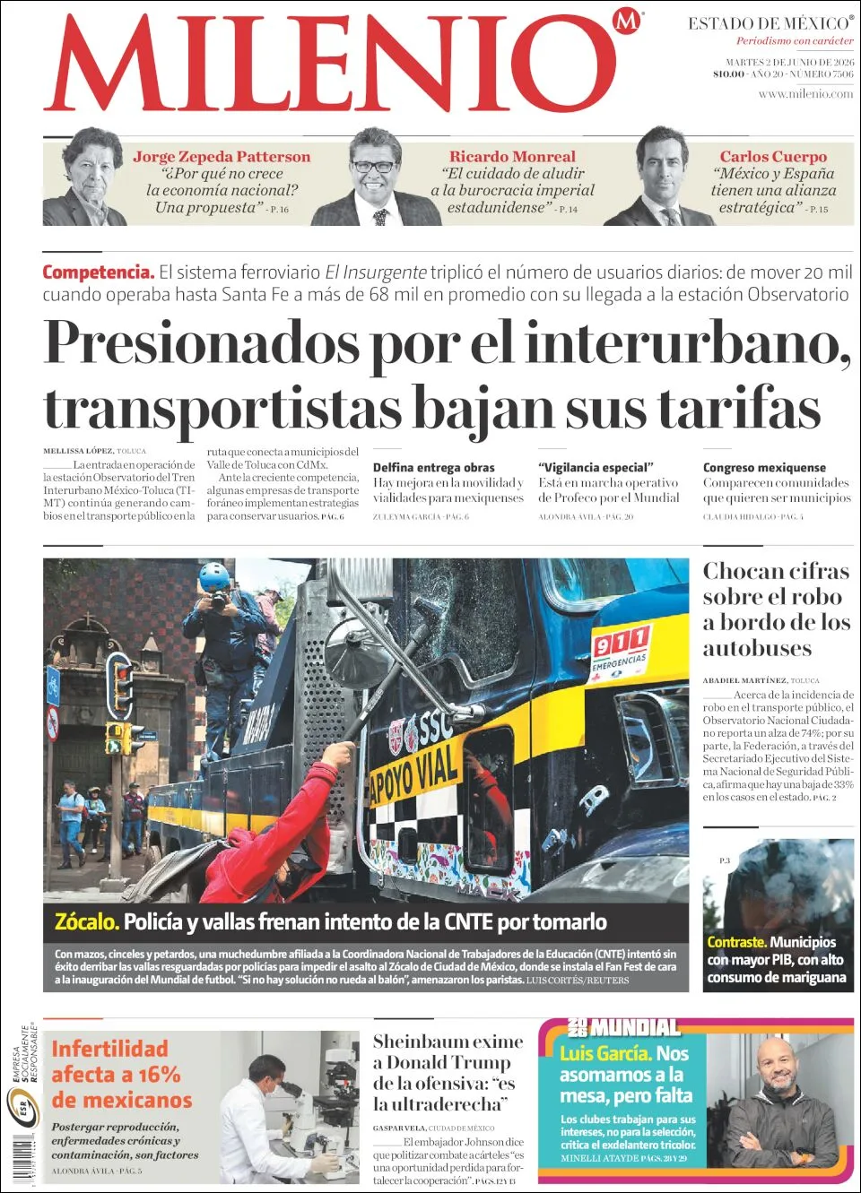 Portada de Milenio Edo de Mexico del martes, 2 de junio de 2026