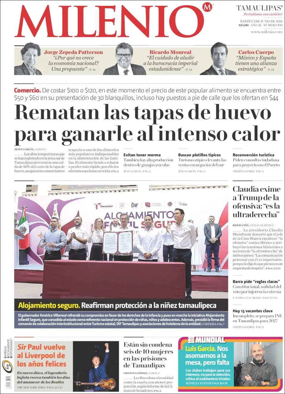 Portada de Milenio Tamaulipas del martes, 2 de junio de 2026
