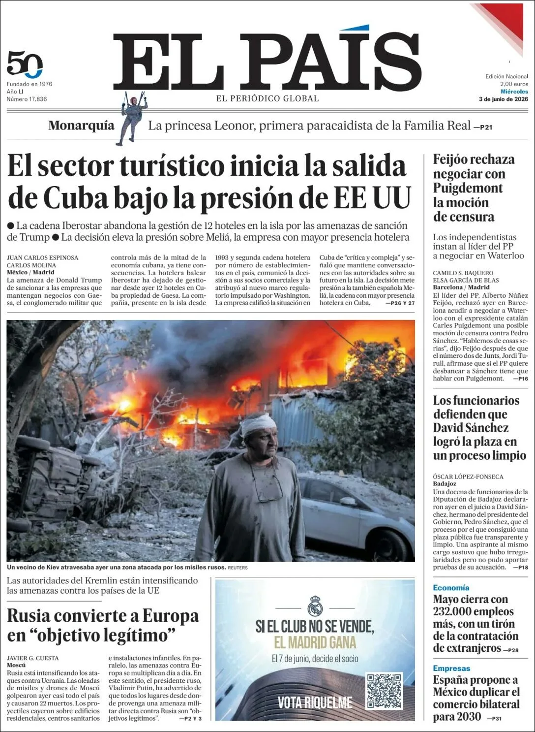 Portada de El Pais del miércoles, 3 de junio de 2026