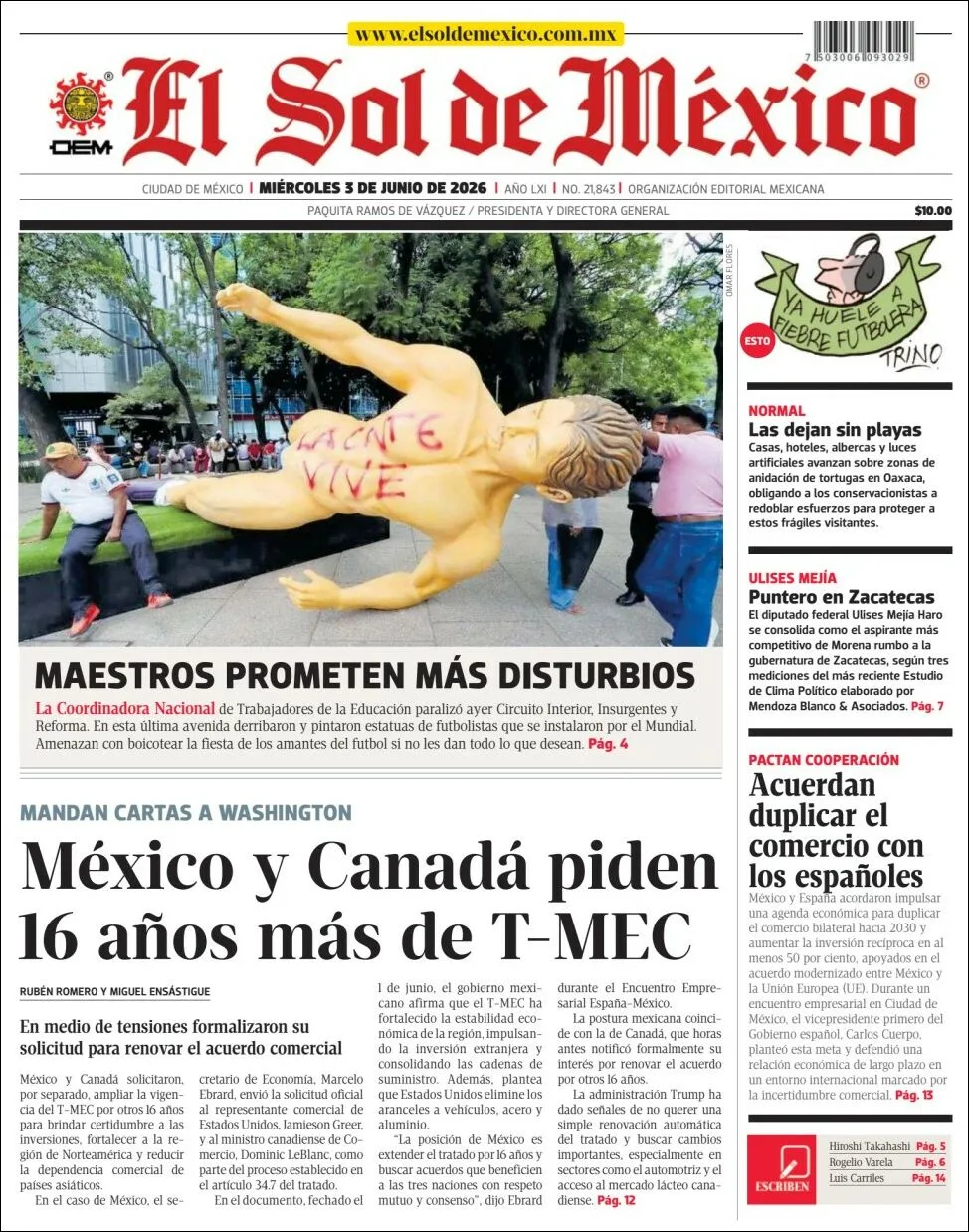 Portada de El Sol de Mexico del miércoles, 3 de junio de 2026