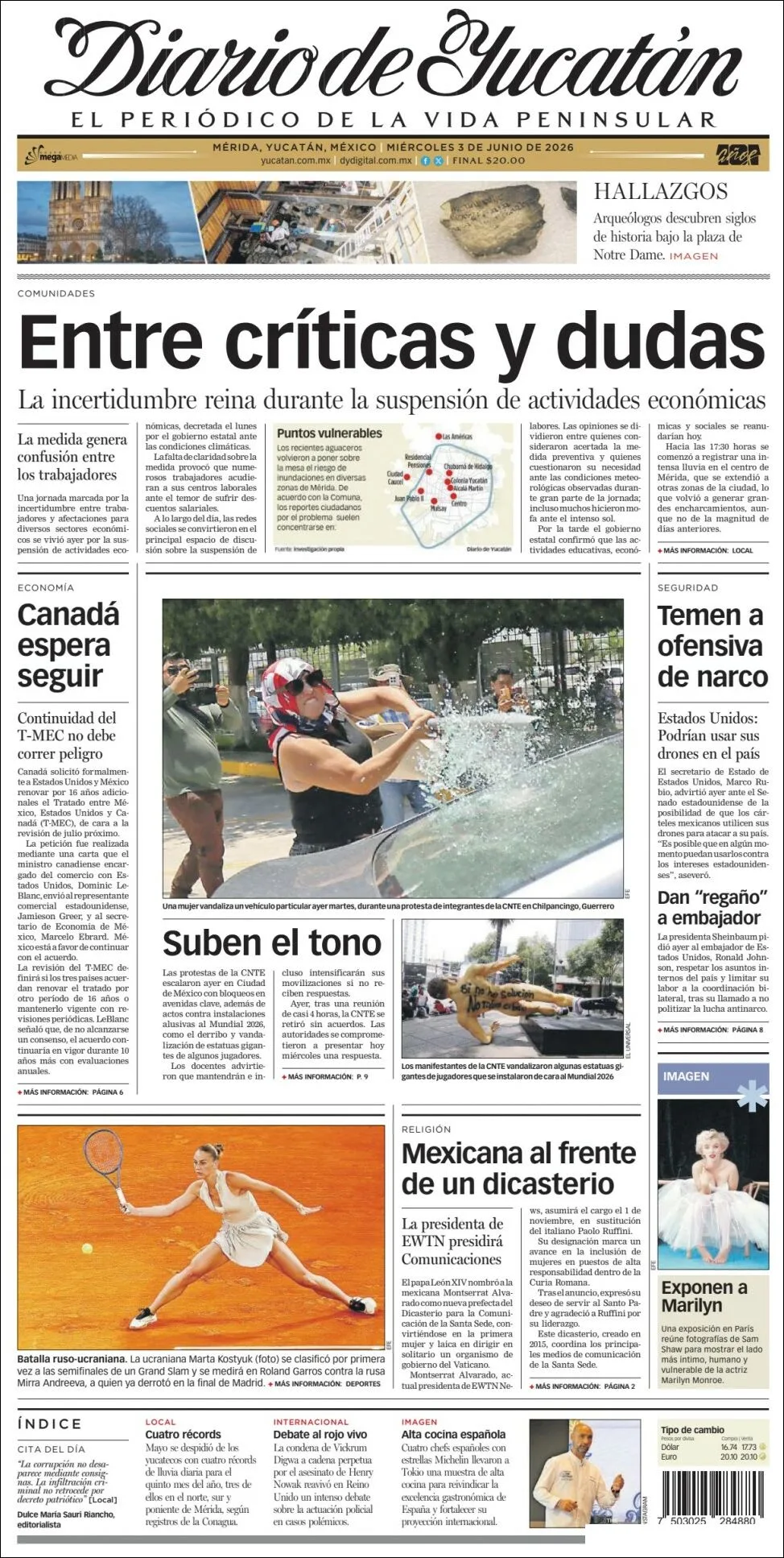 Portada de Diario de Yucatán del miércoles, 3 de junio de 2026
