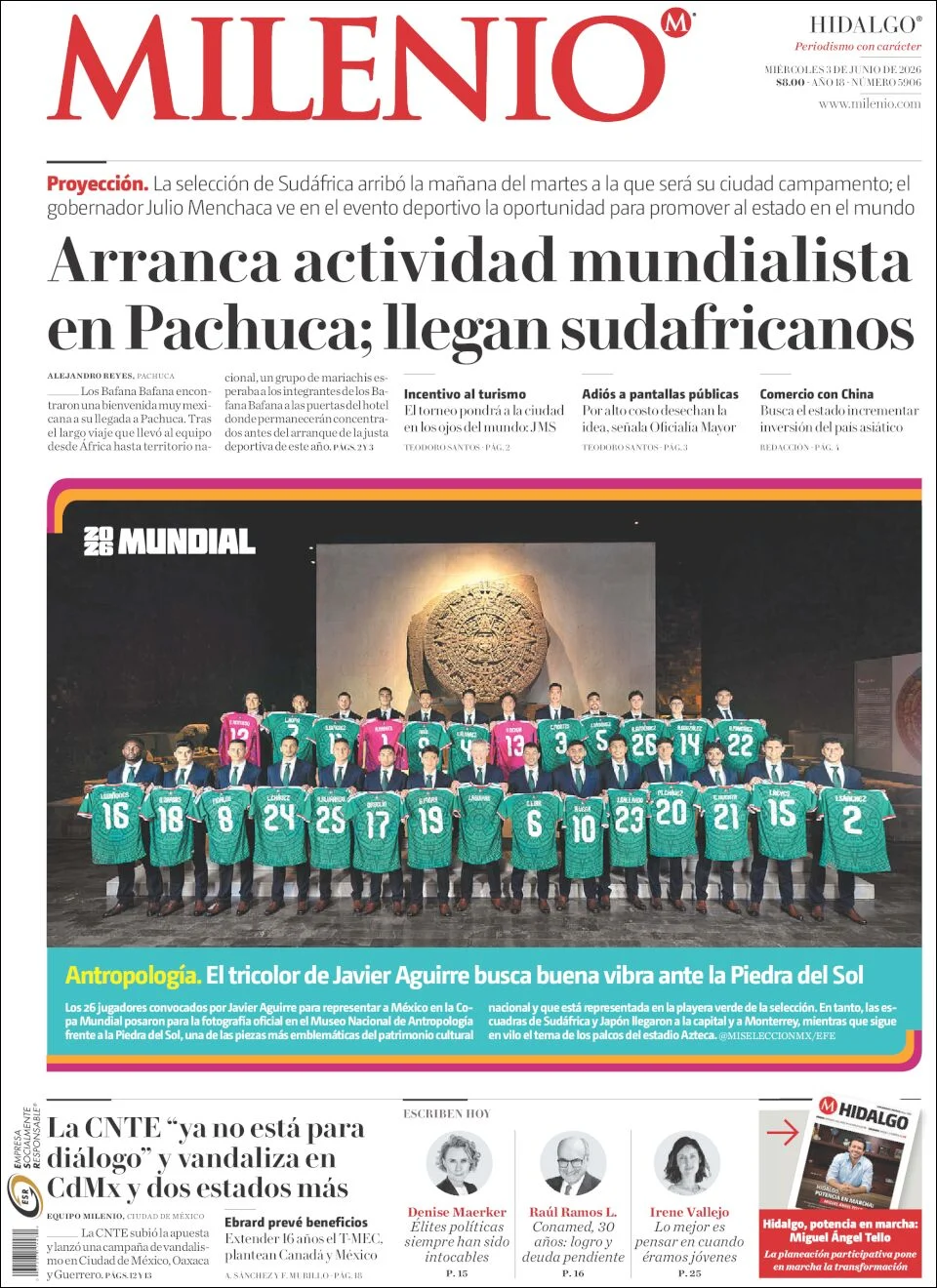 Portada de Milenio Hidalgo del miércoles, 3 de junio de 2026