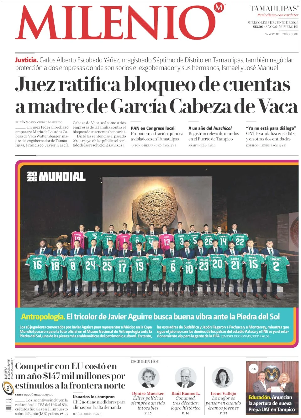 Portada de Milenio Tamaulipas del miércoles, 3 de junio de 2026