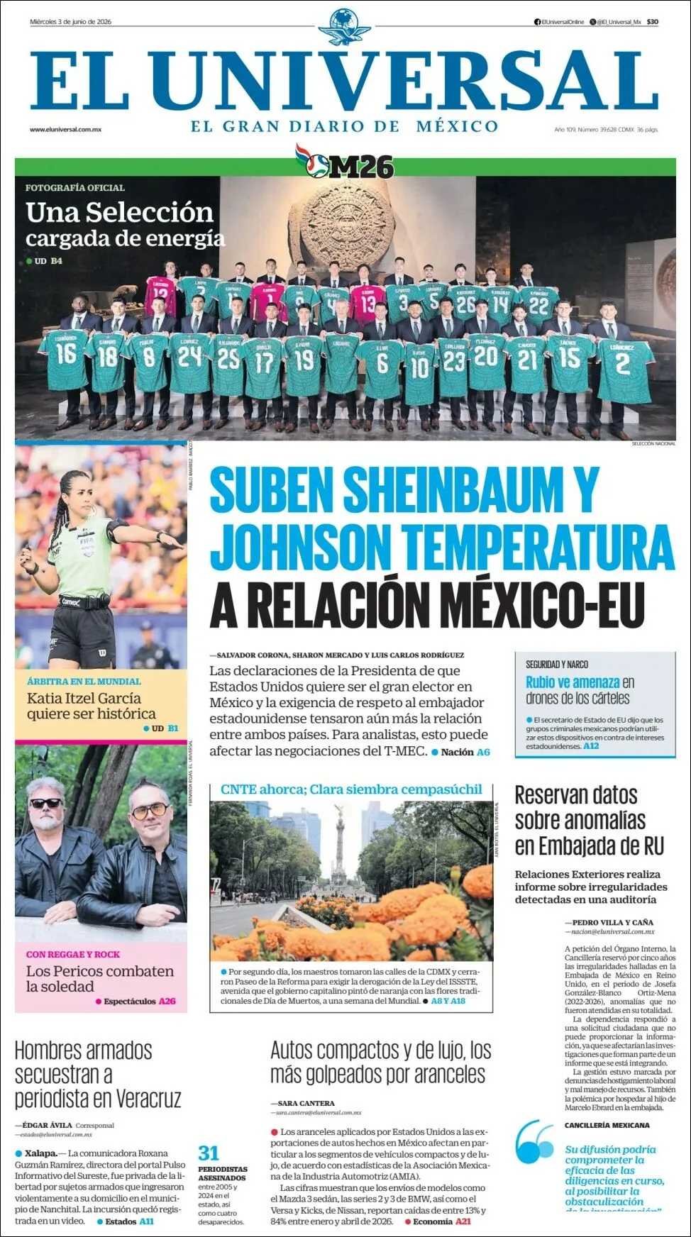 Portada de El Universal del miércoles, 3 de junio de 2026