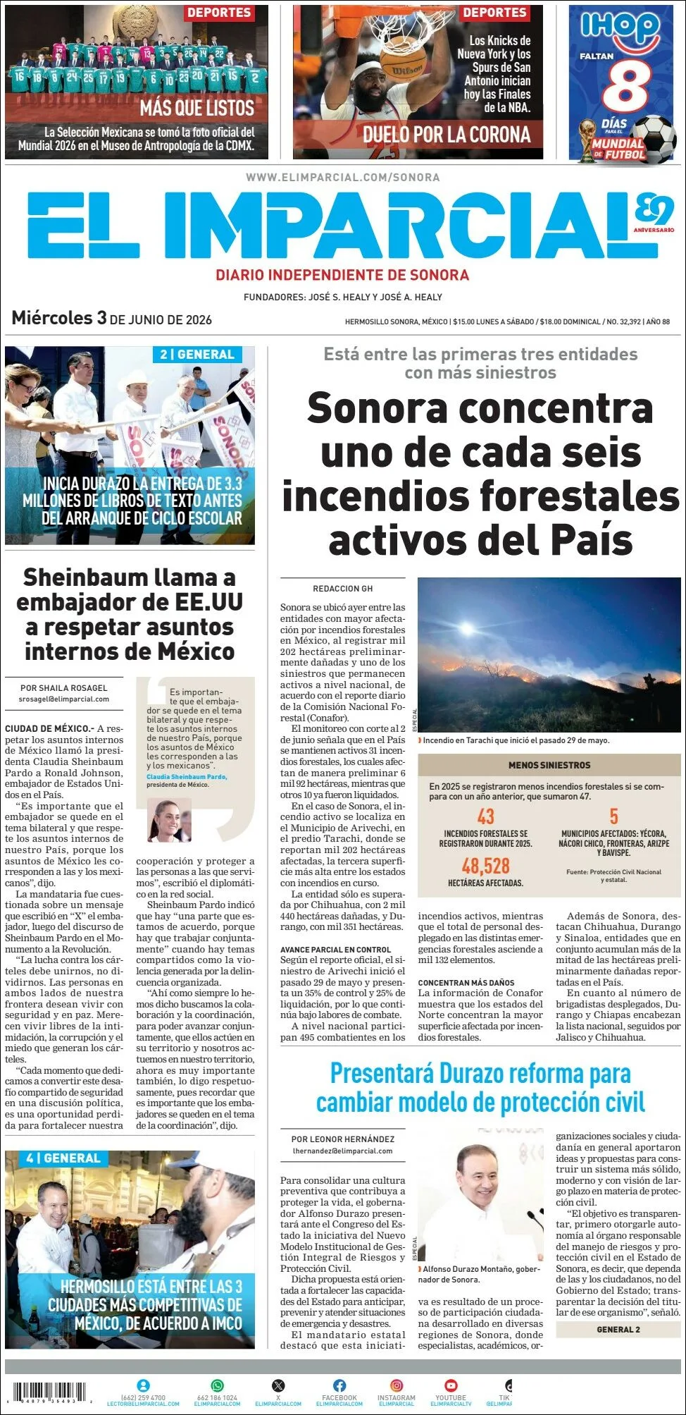 Portada de El Imparcial del miércoles, 3 de junio de 2026