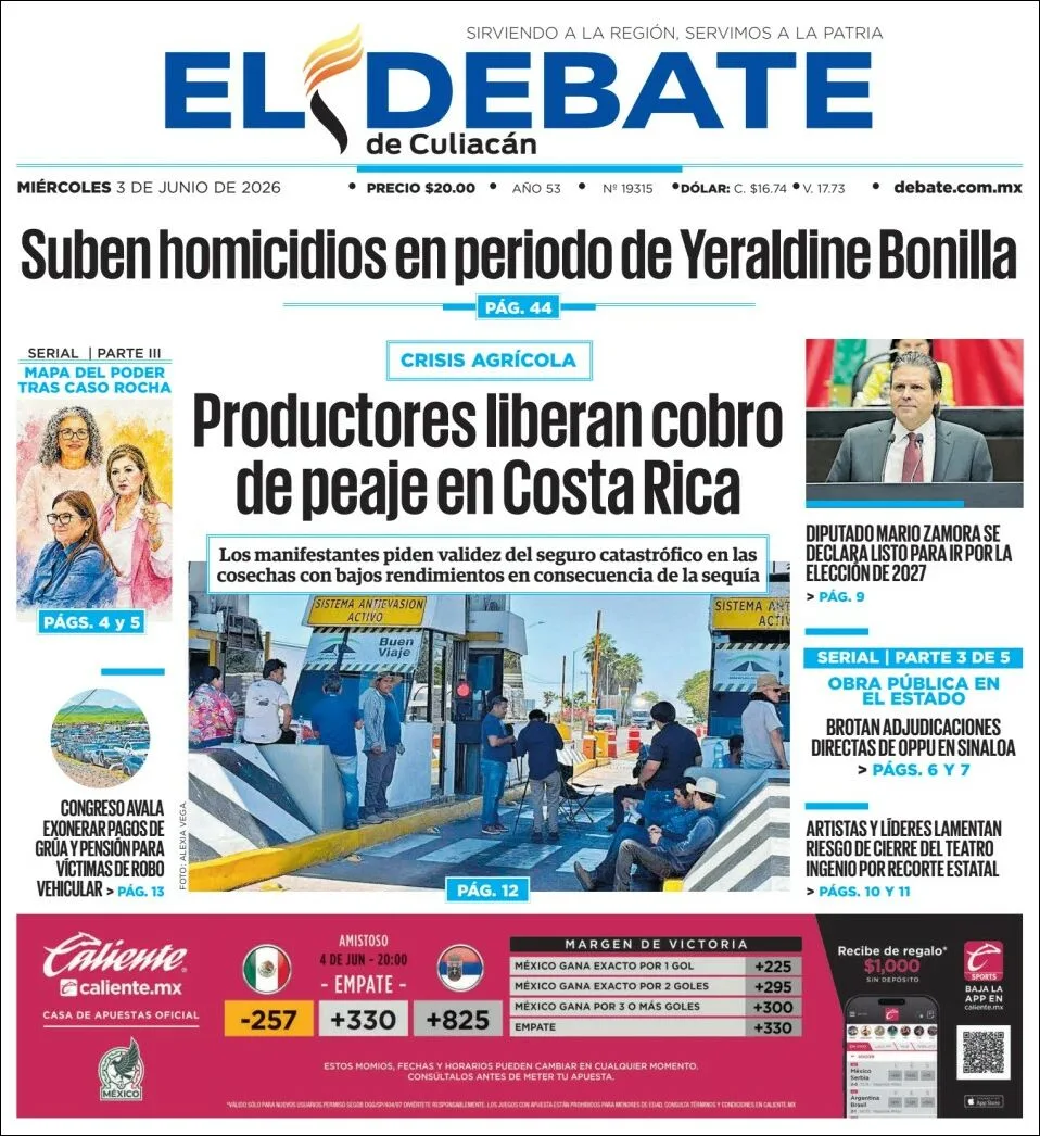 Portada de El Debate de Culiacan del miércoles, 3 de junio de 2026