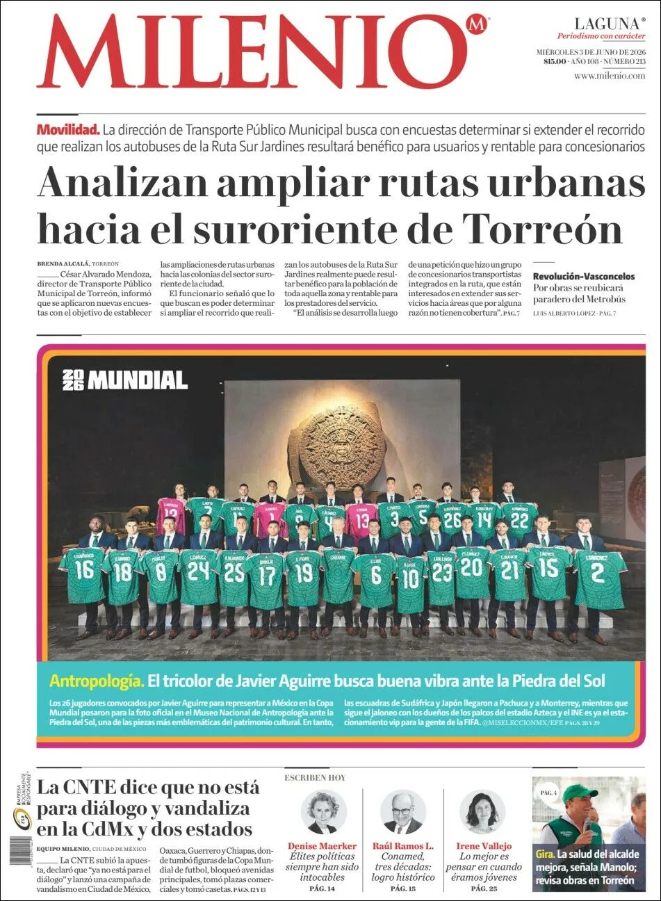 Portada de Milenio Laguna del miércoles, 3 de junio de 2026