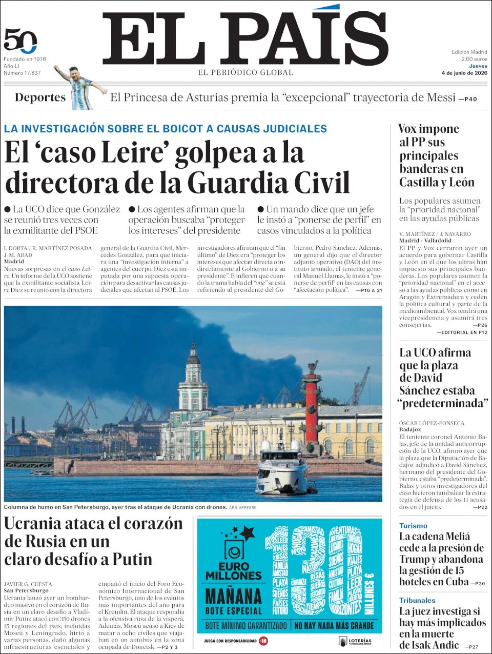 Portada de El Pais del jueves, 4 de junio de 2026