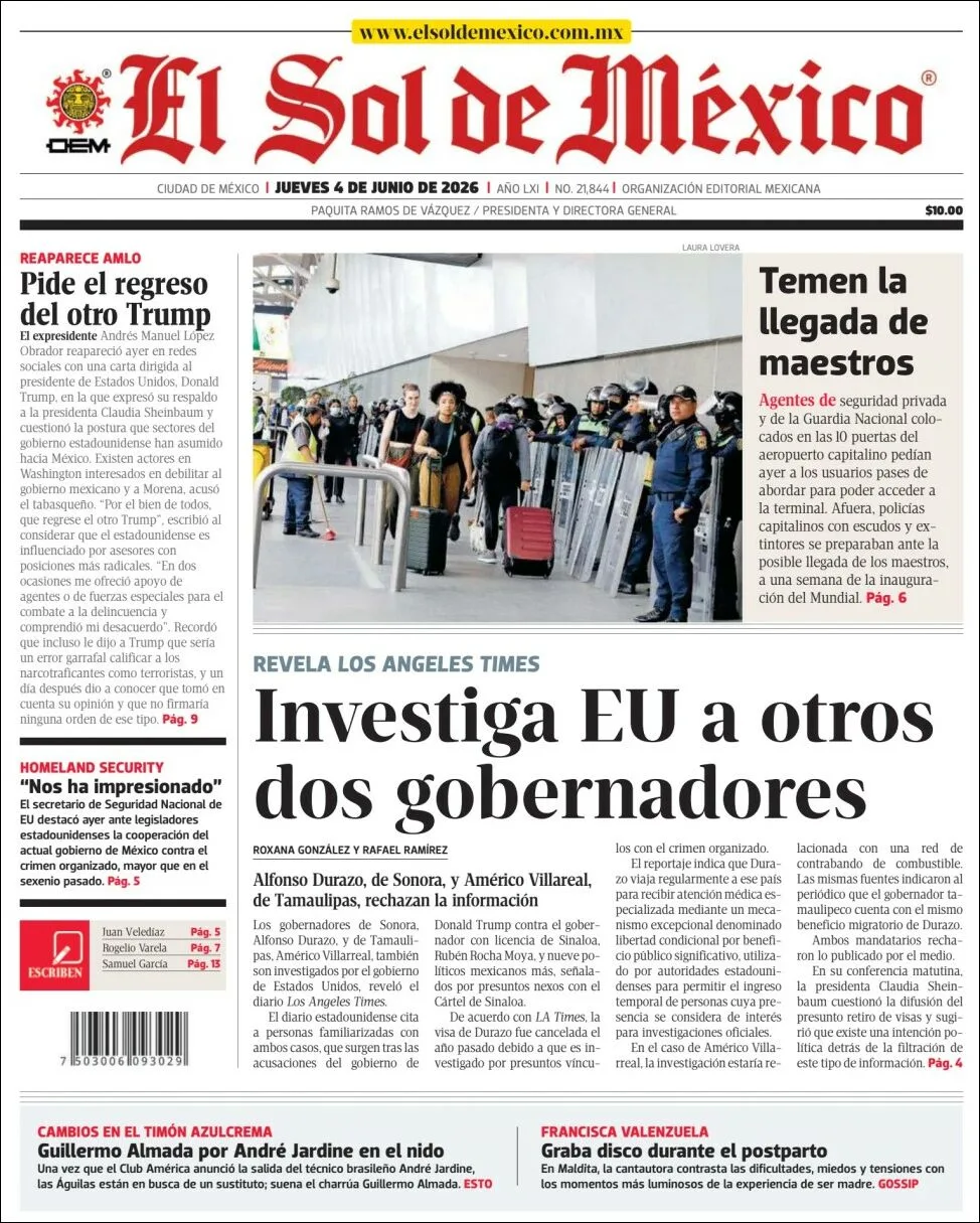 Portada de El Sol de Mexico del jueves, 4 de junio de 2026