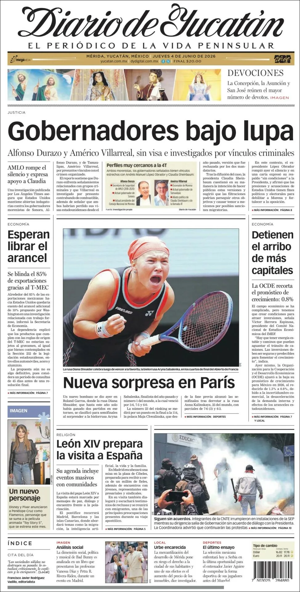 Portada de Diario de Yucatán del jueves, 4 de junio de 2026