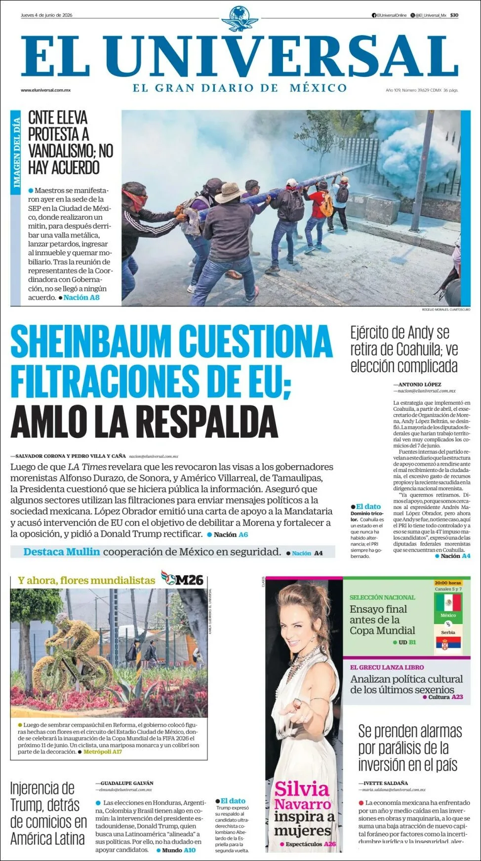 Portada de El Universal del jueves, 4 de junio de 2026