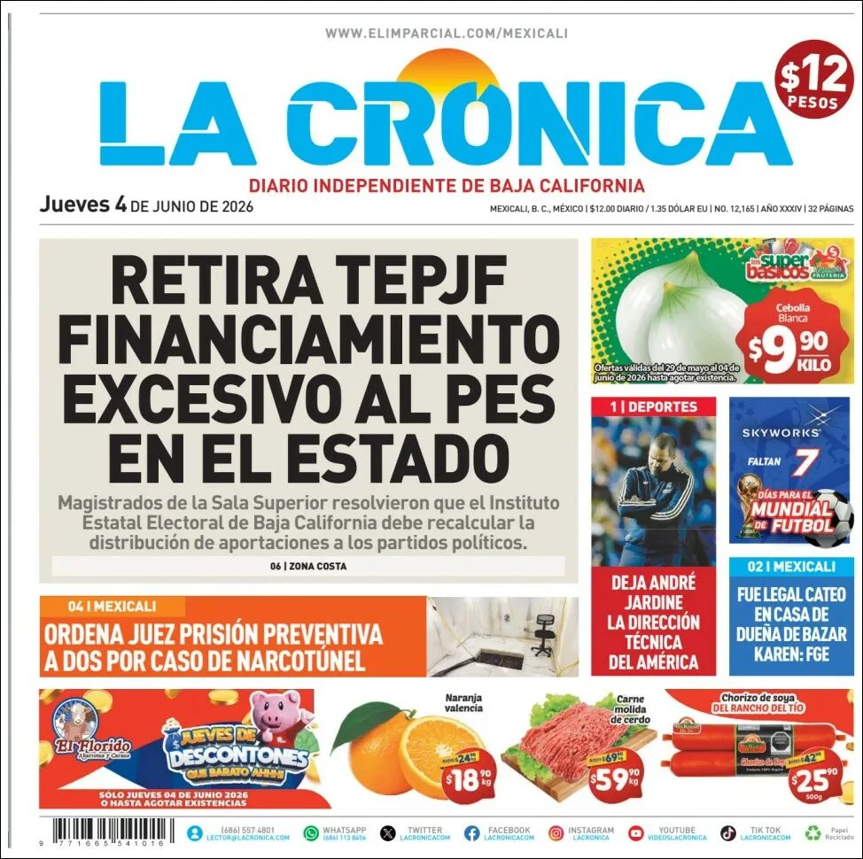 Portada de La Cronica del jueves, 4 de junio de 2026