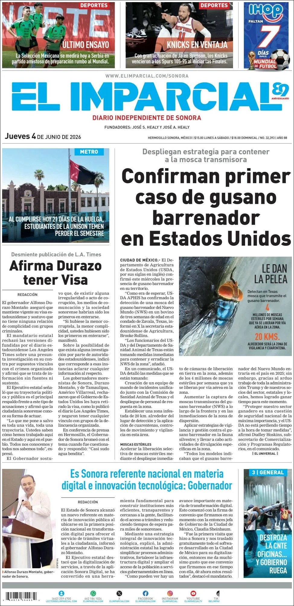 Portada de El Imparcial del jueves, 4 de junio de 2026