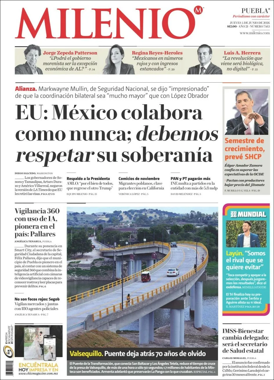 Portada de Milenio Puebla del jueves, 4 de junio de 2026