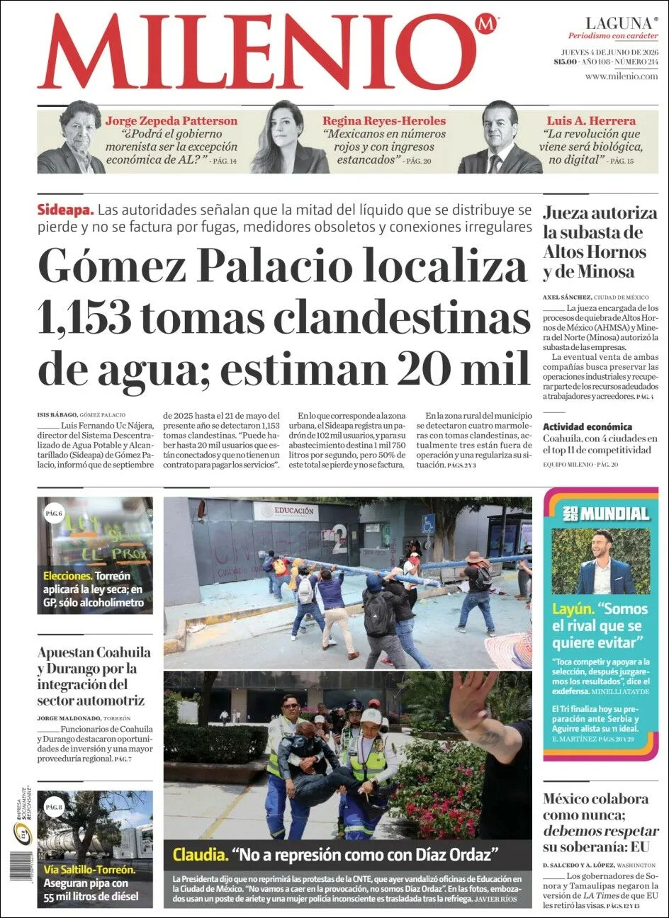 Portada de Milenio Laguna del jueves, 4 de junio de 2026