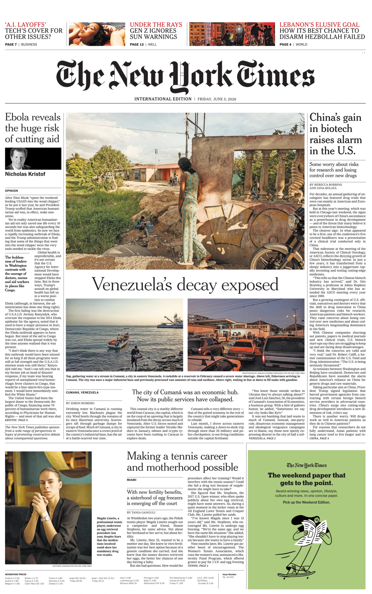 Portada de The New York Times (international) del viernes, 5 de junio de 2026