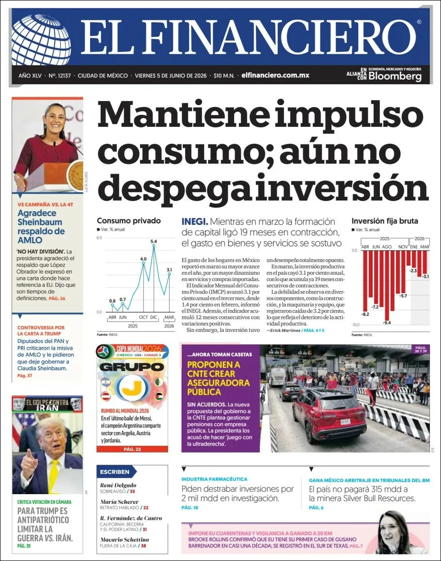 Portada de El Financiero del viernes, 5 de junio de 2026