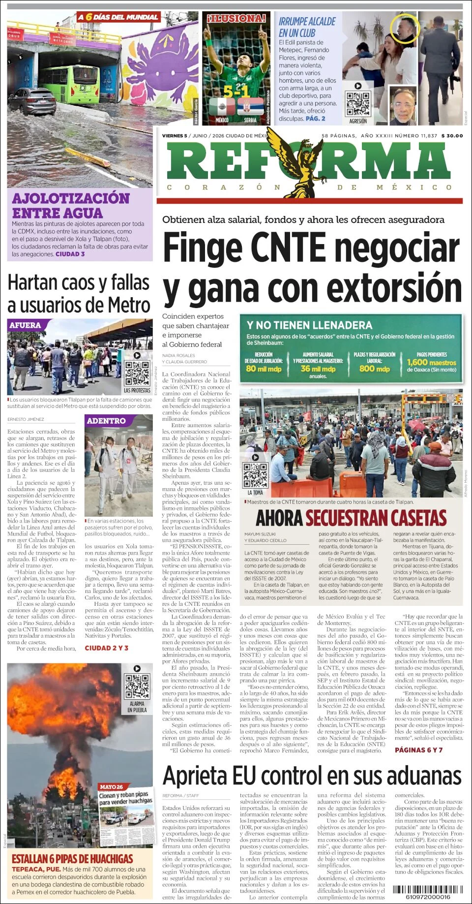Portada de Reforma del viernes, 5 de junio de 2026