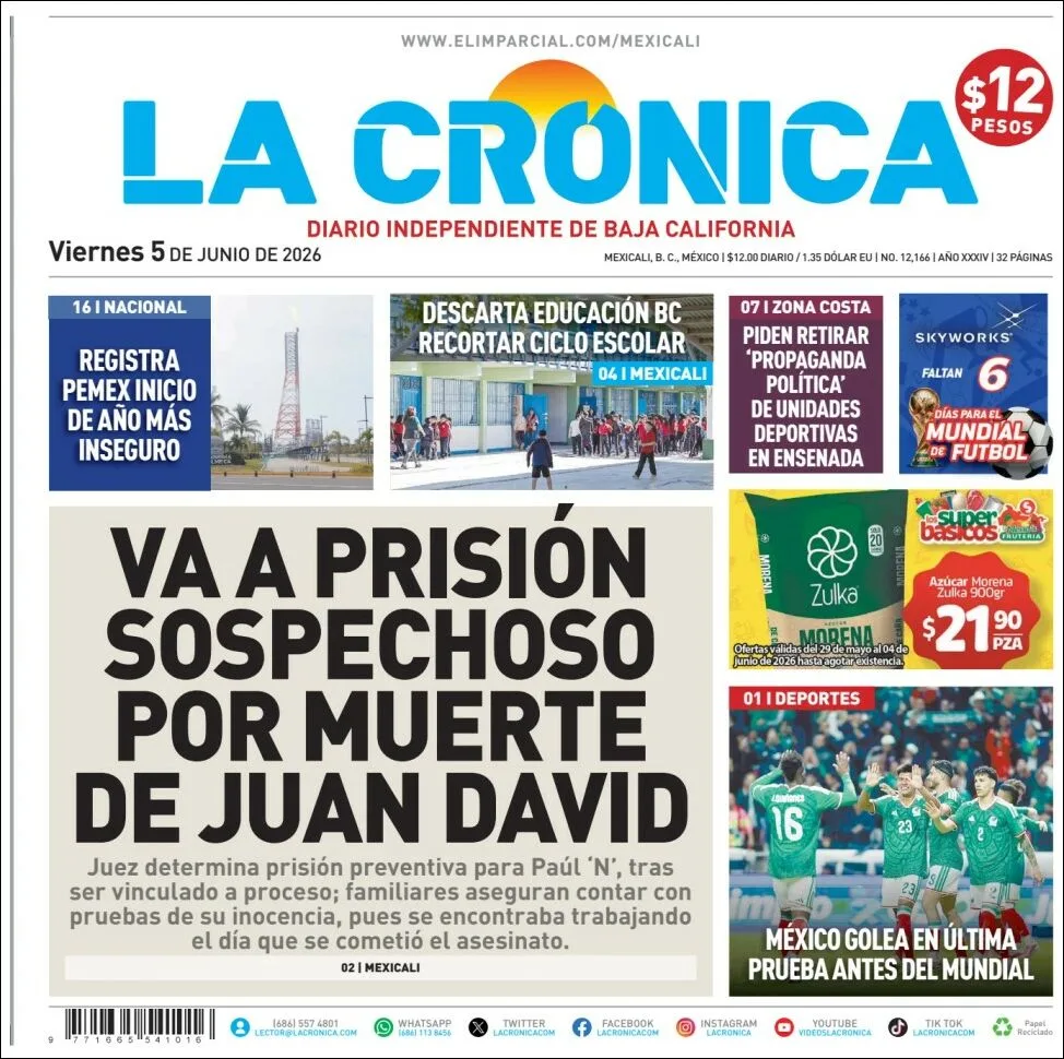 Portada de La Cronica del viernes, 5 de junio de 2026