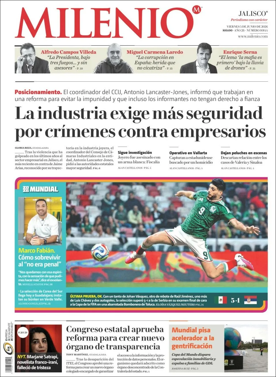 Portada de Milenio Jalisco del viernes, 5 de junio de 2026