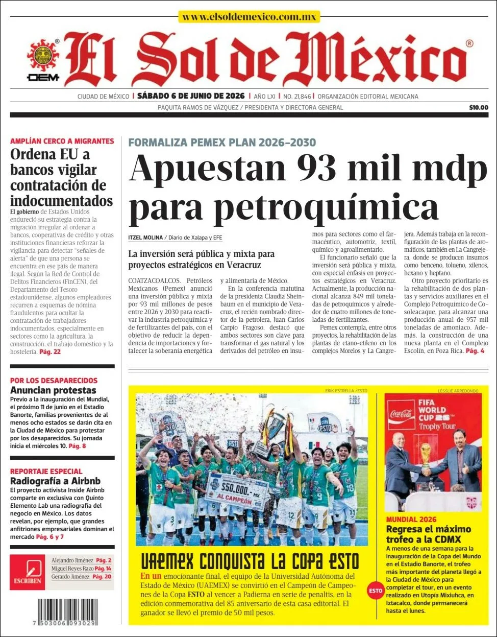 Portada de El Sol de Mexico del sábado, 6 de junio de 2026