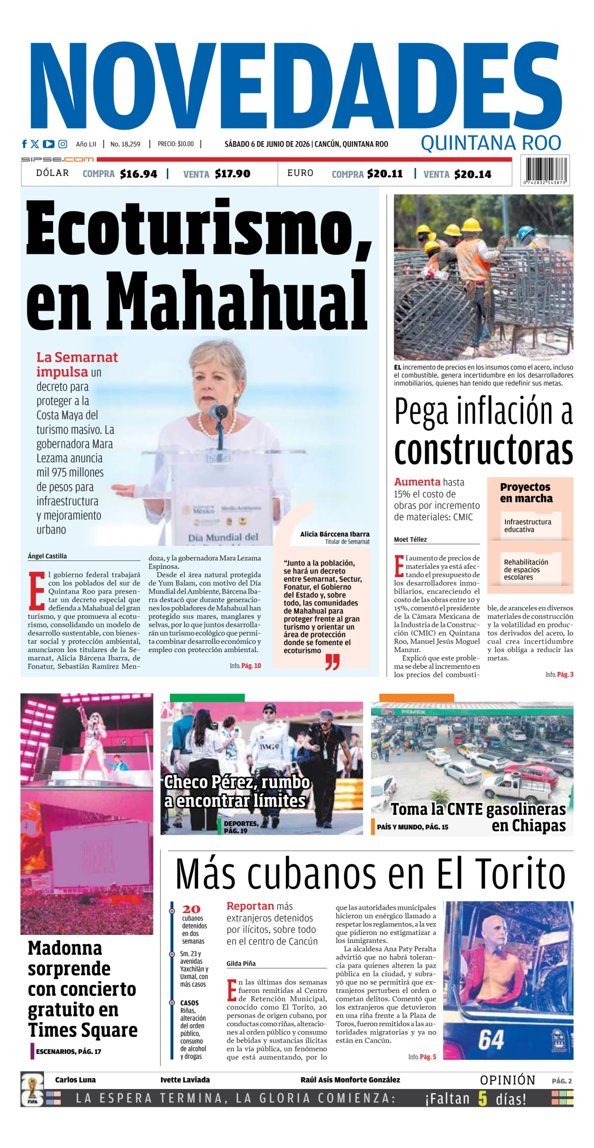 Portada de Novedades Quintana Roo del sábado, 6 de junio de 2026