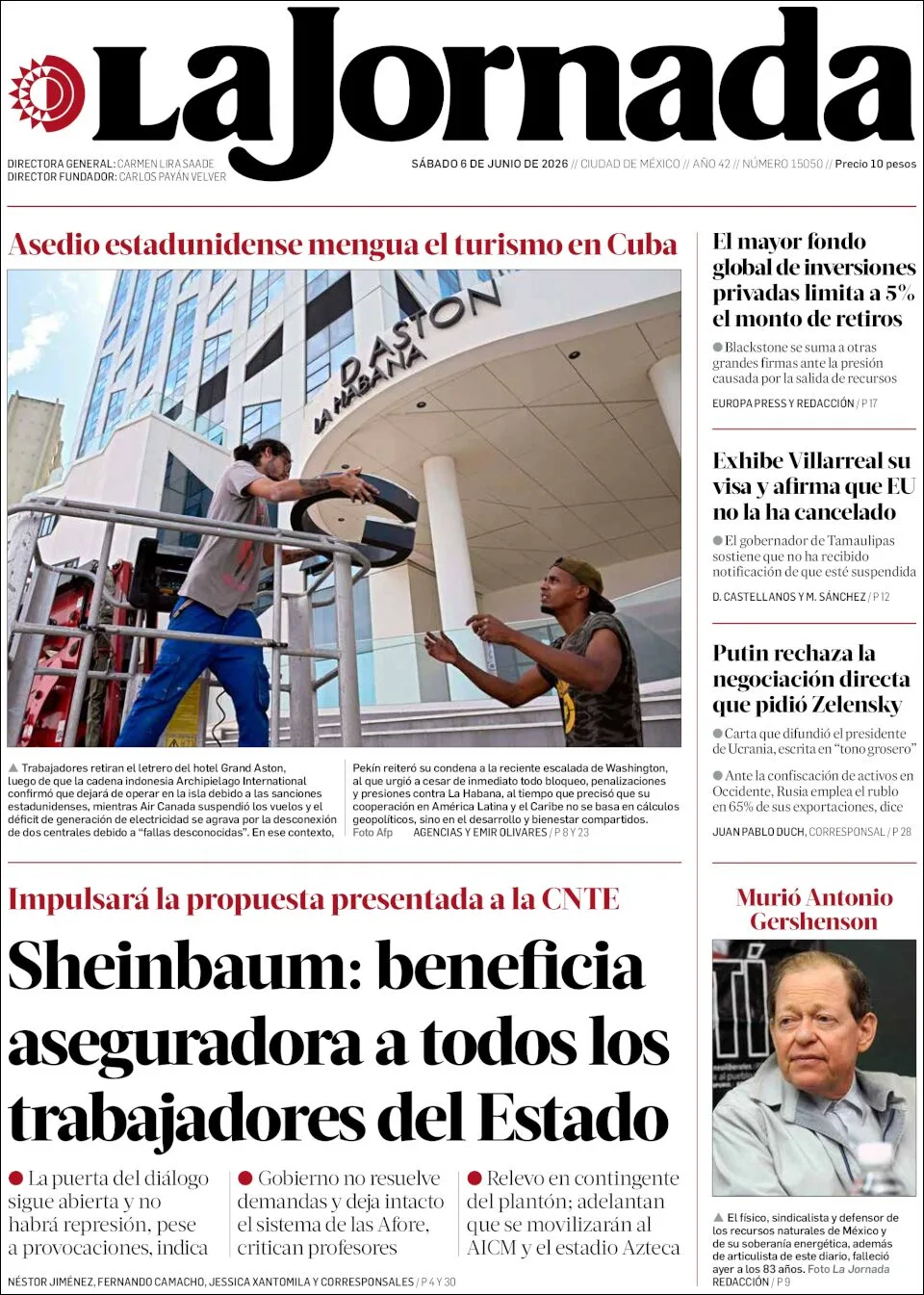 Portada de La Jornada del sábado, 6 de junio de 2026