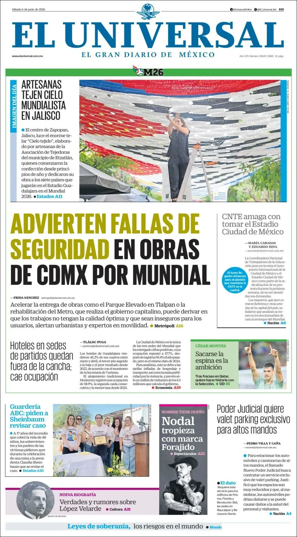 Portada de El Universal del sábado, 6 de junio de 2026