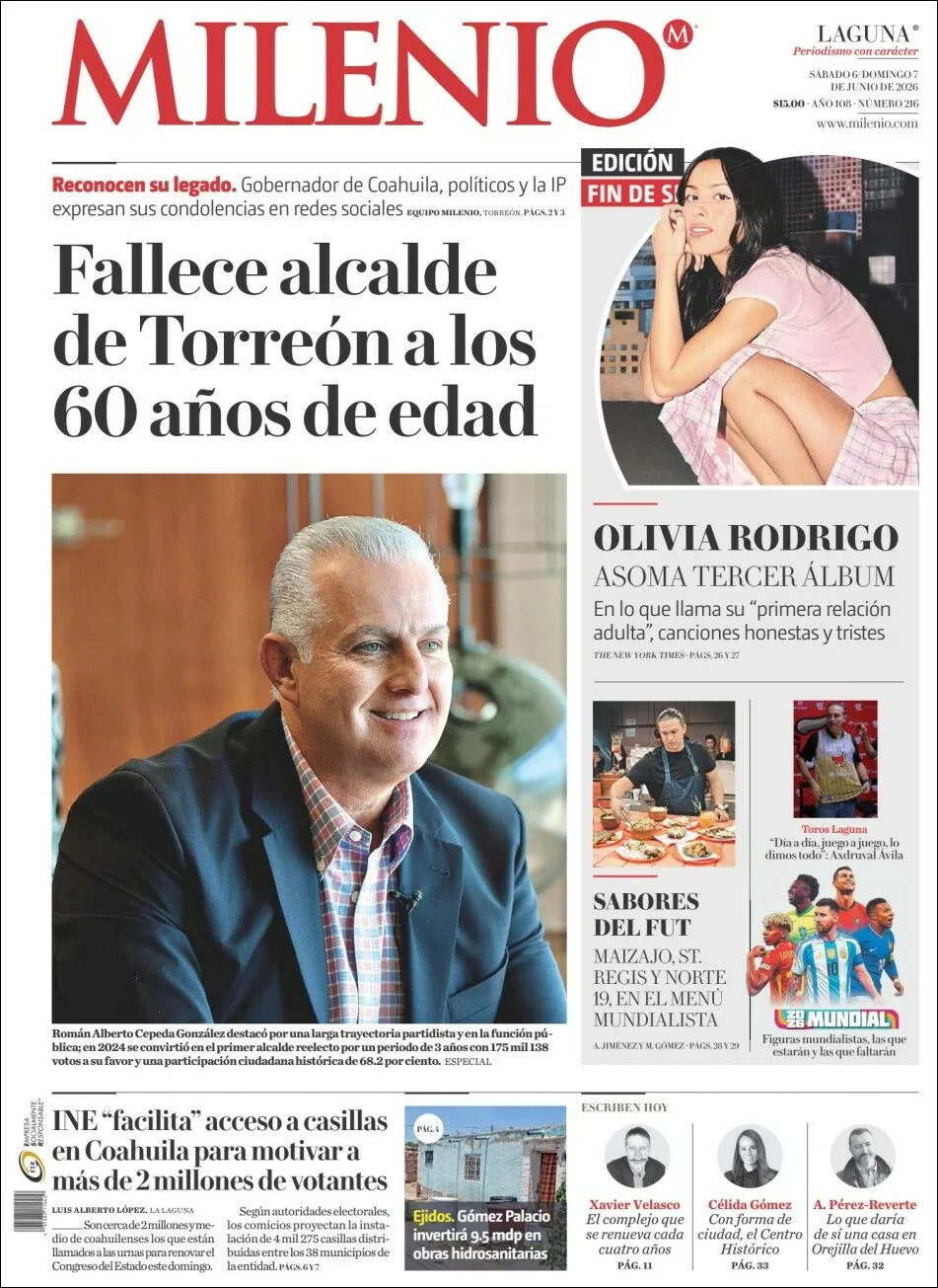 Portada de Milenio Laguna del sábado, 6 de junio de 2026