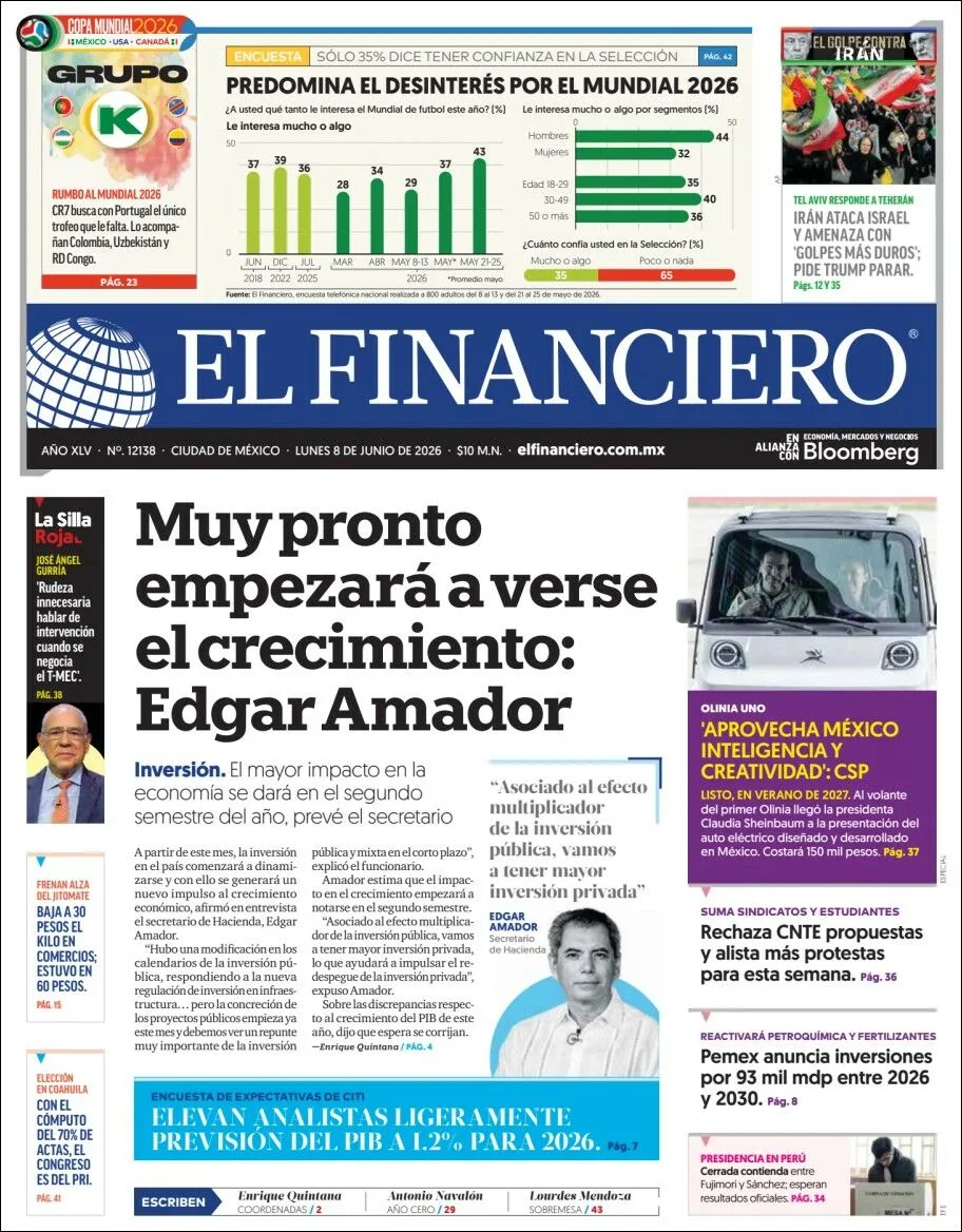 Portada de El Financiero del lunes, 8 de junio de 2026